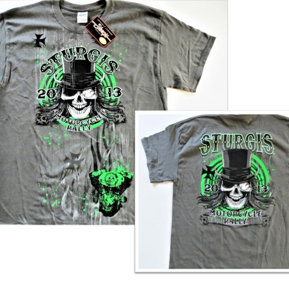 Deadstock Double-sided Sturgis 2013 T Shirt Black Hills Rally Skull Top Hat NWT